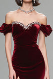Sparkly Burgundy Velvet Off the Shoulder Long Formal Dress