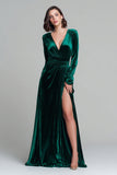 Dark Green A Line Velvet V-Neck Long Formal Dress with Slit