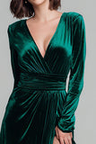Dark Green A Line Velvet V-Neck Long Formal Dress with Slit