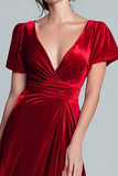 Red V-Neck Velvet A Line Long Formal Dress