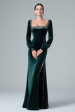 Sparkly Dark Green Mermaid Velvet Long Formal Dress with Slit