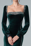 Sparkly Dark Green Mermaid Velvet Long Formal Dress with Slit