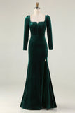 Dark Green Mermaid Long Sleeve Square Neck Velvet Formal Dress with Slit