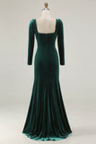 Dark Green Mermaid Long Sleeve Square Neck Velvet Formal Dress with Slit
