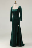 Dark Green Mermaid Long Sleeve Square Neck Velvet Formal Dress with Slit