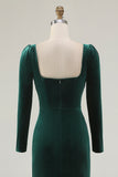 Dark Green Mermaid Long Sleeve Square Neck Velvet Formal Dress with Slit