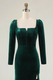 Dark Green Mermaid Long Sleeve Square Neck Velvet Formal Dress with Slit