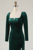 Dark Green Mermaid Long Sleeve Square Neck Velvet Formal Dress with Slit
