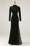 Black Mermaid Velvet High Neck Long Sleeve Formal Dress with Lace