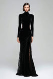 Black Mermaid High Neck Velvet Long Formal Dress with Lace