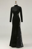 Black Mermaid Velvet High Neck Long Sleeve Formal Dress with Lace