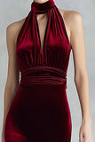 Burgundy Velvet Halter Keyhole Long Formal Dress