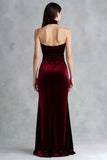 Burgundy Velvet Halter Keyhole Long Formal Dress