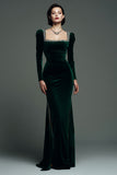 Sparkly Dark Green Square Neck Velvet Mermaid Maxi Formal Dress