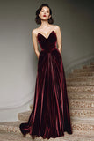 Burgundy A Line Sweetheart Long Velvet Formal Dress
