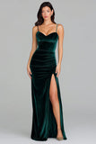 Dark Green Velvet Long Spaghetti Straps Formal Dress with Slit
