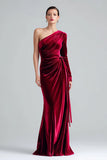 Burgundy Mermaid One Shoulder Velvet Ruched Long Formal Dress