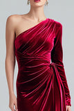 Burgundy Mermaid One Shoulder Velvet Ruched Long Formal Dress