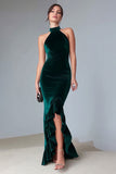 Dark Green Mermaid Halter Velvet Ruffles Long Formal Dress with Slit