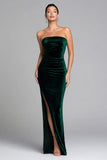Dark Green Strapless Sheath Velvet Formal Dress with Slit