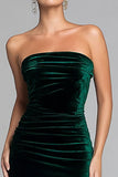 Dark Green Strapless Sheath Velvet Formal Dress with Slit