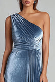 One Shoulder Dusty Blue A-Line Velvet Formal Dress with Slit