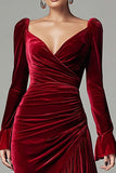 Velvet Mermaid Burgundy Long Sleeve Ruffled Midi Formal Dress