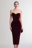 Burgundy Strapless Velvet Bodycon Midi Formal Dress