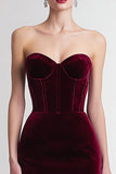 Burgundy Strapless Velvet Bodycon Midi Formal Dress