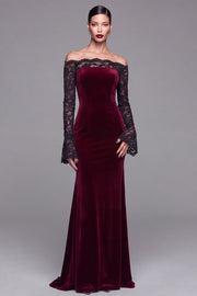 Burgundy Velvet Mermaid Off the Shoulder Long Sleeves Evening Dress with Lace