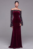 Burgundy Velvet Mermaid Off the Shoulder Long Sleeves Evening Dress with Lace