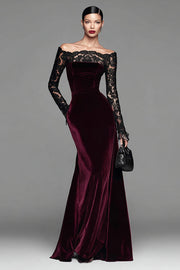 Burgundy Velvet Mermaid Long Sleeve Formal Dress with Lace