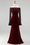 Burgundy Velvet Mermaid Off the Shoulder Long Sleeves Evening Dress with Lace