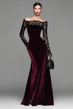 Burgundy Velvet Mermaid Long Sleeve Formal Dress with Lace