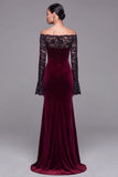 Burgundy Velvet Mermaid Off the Shoulder Long Sleeves Evening Dress with Lace