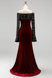 Burgundy Velvet Mermaid Off the Shoulder Long Sleeves Evening Dress with Lace