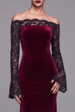 Burgundy Velvet Mermaid Off the Shoulder Long Sleeves Evening Dress with Lace