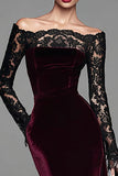 Burgundy Velvet Mermaid Long Sleeve Formal Dress with Lace