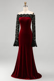 Burgundy Velvet Mermaid Off the Shoulder Long Sleeves Evening Dress with Lace