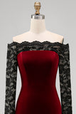 Burgundy Velvet Mermaid Off the Shoulder Long Sleeves Evening Dress with Lace