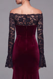 Burgundy Velvet Mermaid Off the Shoulder Long Sleeves Evening Dress with Lace