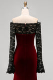Burgundy Velvet Mermaid Off the Shoulder Long Sleeves Evening Dress with Lace