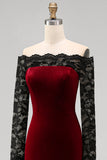 Burgundy Velvet Mermaid Off the Shoulder Long Sleeves Evening Dress with Lace
