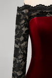 Burgundy Velvet Mermaid Off the Shoulder Long Sleeves Evening Dress with Lace