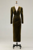 Olive Ruched Velvet Sheath V-Neck Formal Dress with Long Sleeves