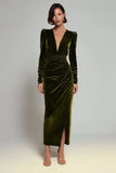 Olive Sheath V-Neck Ruched Velvet Long Formal Dress with slit