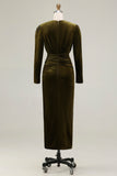 Olive Ruched Velvet Sheath V-Neck Formal Dress with Long Sleeves