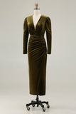 Olive Ruched Velvet Sheath V-Neck Formal Dress with Long Sleeves