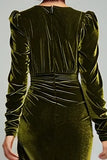 Olive Sheath V-Neck Ruched Velvet Long Formal Dress with slit