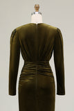Olive Ruched Velvet Sheath V-Neck Formal Dress with Long Sleeves